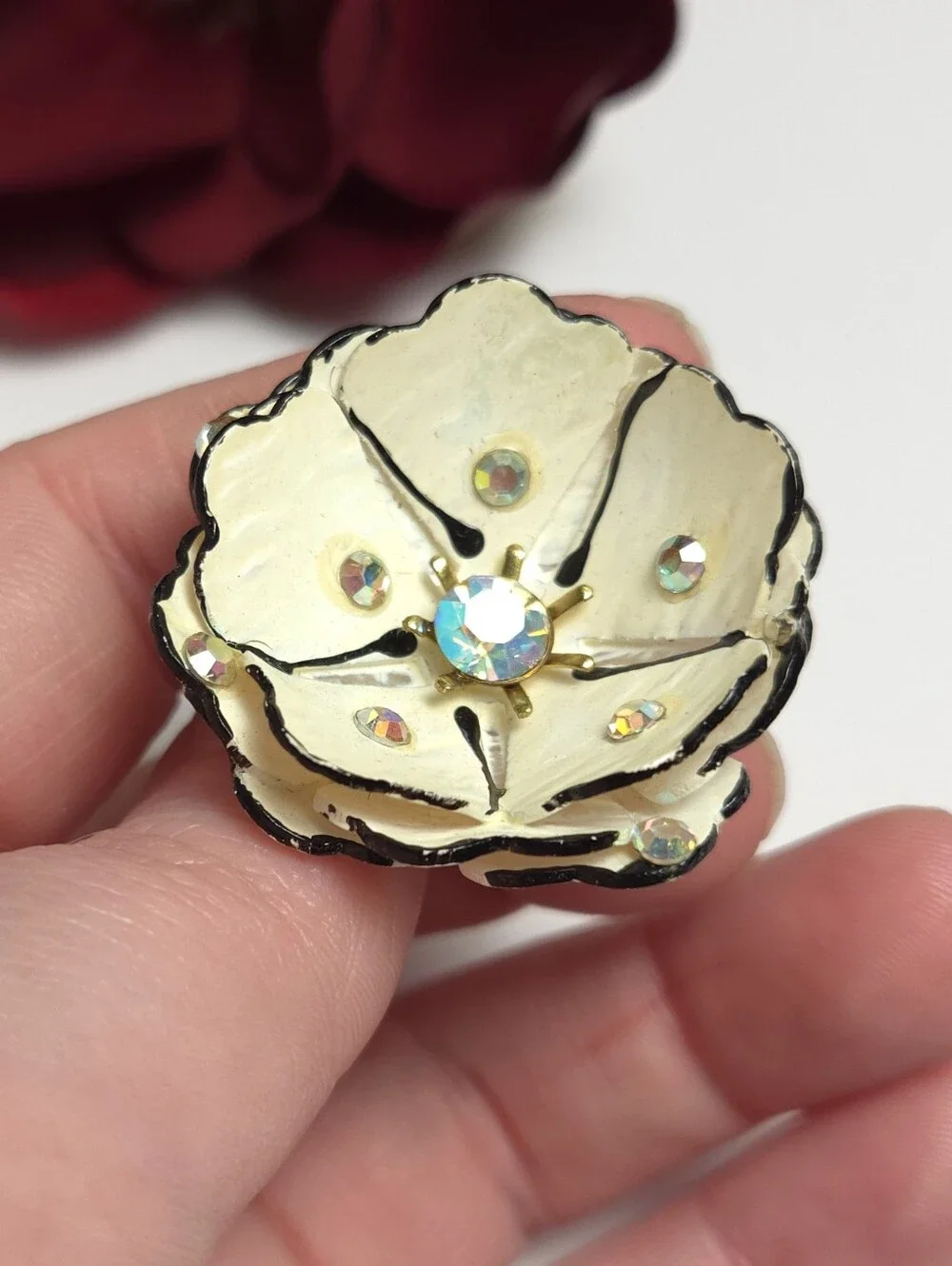 Vintage Handmade Acrylic Flower Petal Aurora Borealis Crystal Earrings Clip On